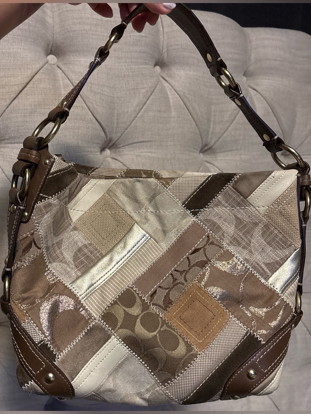 Coach Patchwork Signature Shoulder Bag in Brown and Cream